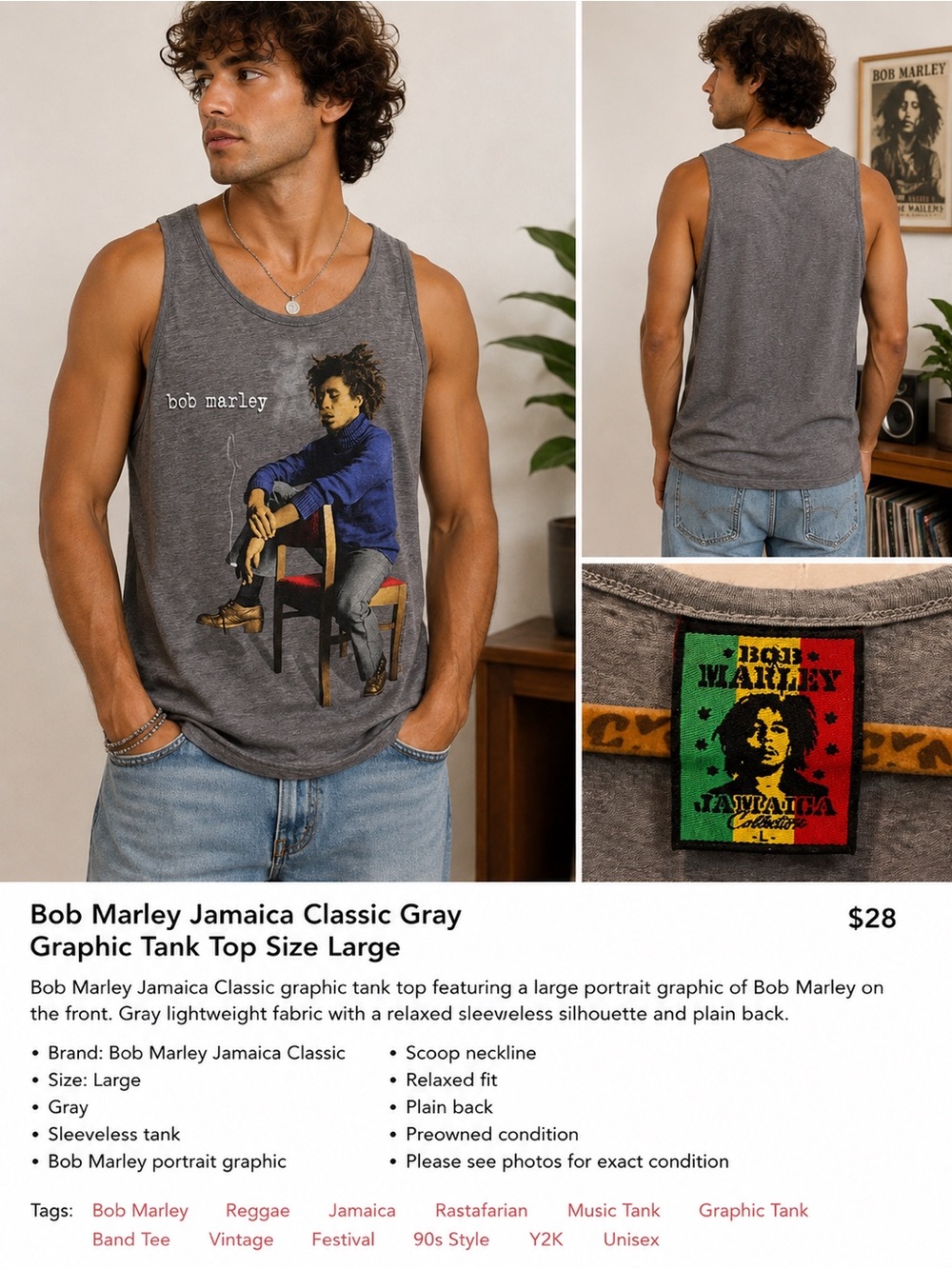 Bob Marley Jamaica Classic Gray Graphic Tank Top Size Large Reggae